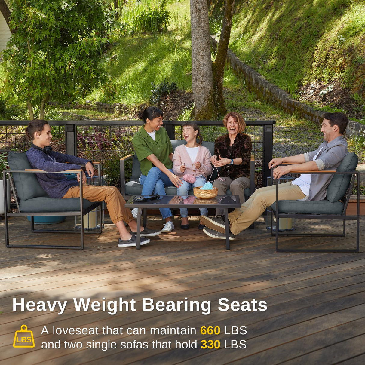 EAST OAK Patio Furniture Set, 4-Piece Outdoor Patio Set with Sofa, Removable & Washable Deep Seating Cushion, Tempered Glass Table, Outside Patio Conversation Sets, Dark Gray & Black EAST OAK