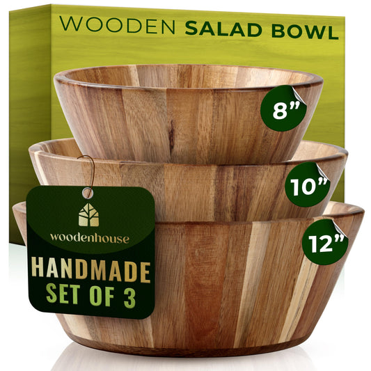 Wooden Salad Bowl, Wood Bowl Set of 3 - Round Design Large Salad Bowl for Serving, Fruit Bowls, Handmade, Durable and Stylish Natural Wood Dining Accessory by Woodenhouse