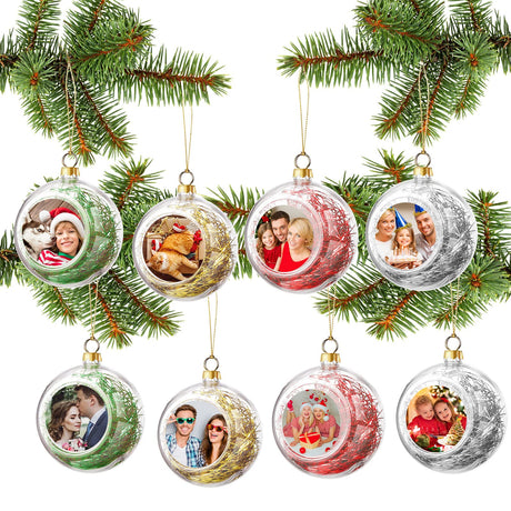 8 Pieces Christmas Photo Ball Ornament Blanks DIY Christmas Hanging Decorations 4 Color Sublimation Christmas Ornament Clear Xmas Tree Ornaments for Xmas Holiday Wedding Party Decoration Hanaive