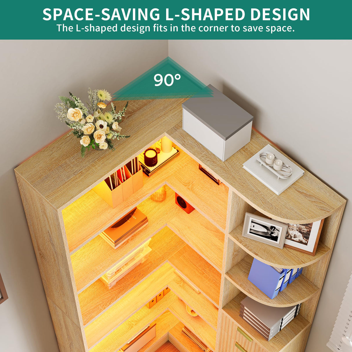 YITAHOME Corner Bookshelf with Storage, Fluted 6-Tier Bookshelf with Drawers and Cabinets L-Shaped Bookcase LED Lights Corner Display Shelf for Home Office, Living Room, Bedroom YITAHOME