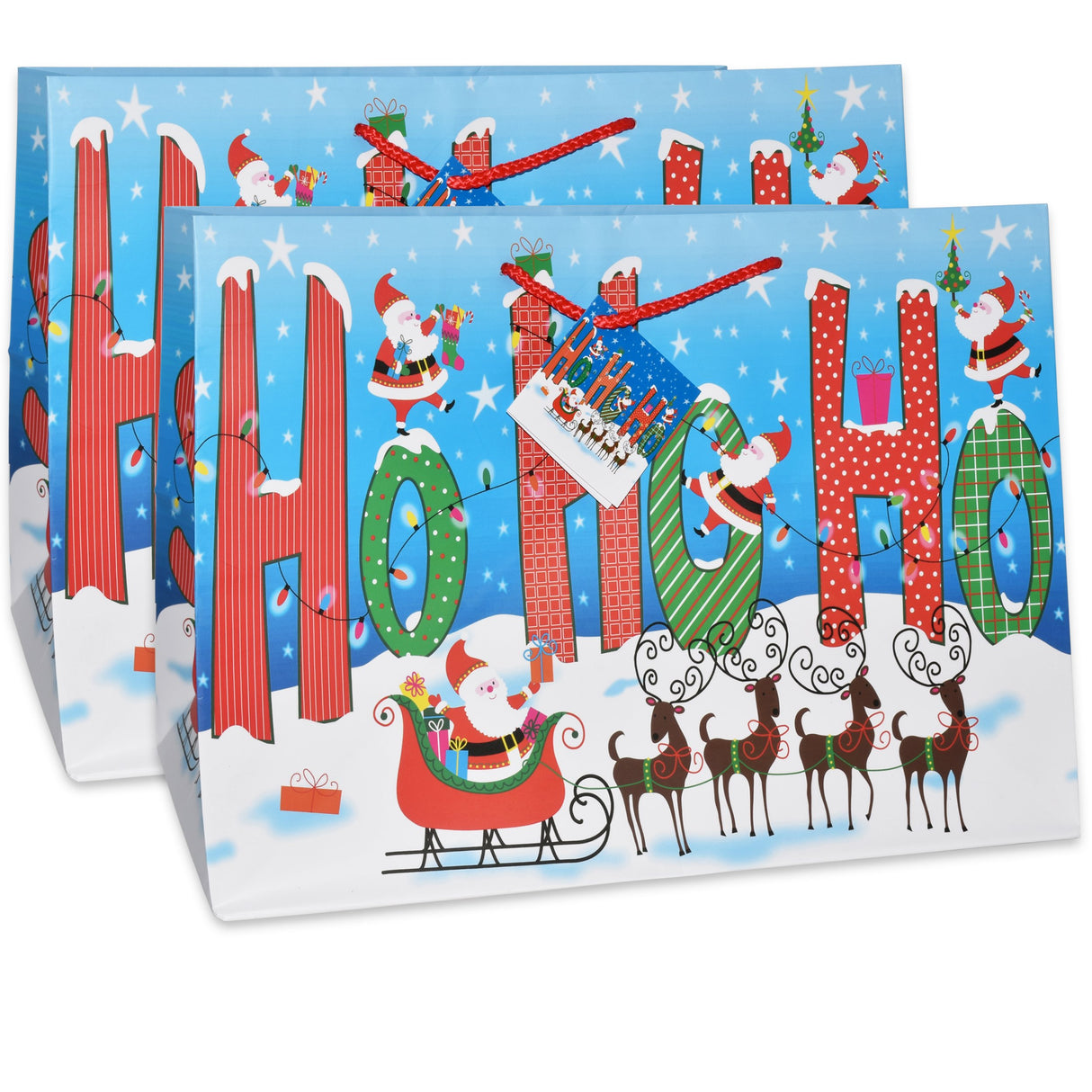 Gift Boutique 12 Jumbo Christmas Tote Bags with Handles 15" Wide X 11" High X 11" Deep Extra Wide Large Giant Reusable Grocery Shopping Paper Bags Big Gusset for Food Cookie Container & Foil Tin Pan Gift Boutique