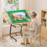 Puzzle Table with Drawers for 1500 Piece Jigsaw Puzzles – Crank Handle Adjustable Tilting Puzzle Board with Legs and Wheels for Adults, Wooden Puzzle Boards with 6 Trays & Cover, Sliding Storage Shelf EVAWOO