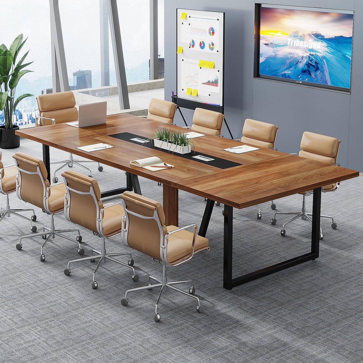 Tribesigns 8FT Conference Table, 94.49 L x 47.24 W x 29.53 H Inches Large Meeting Table/Podcast Table for 10 People, Business Style Wooden Training Table with Strong Metal Frame for Office Conference Tribesigns