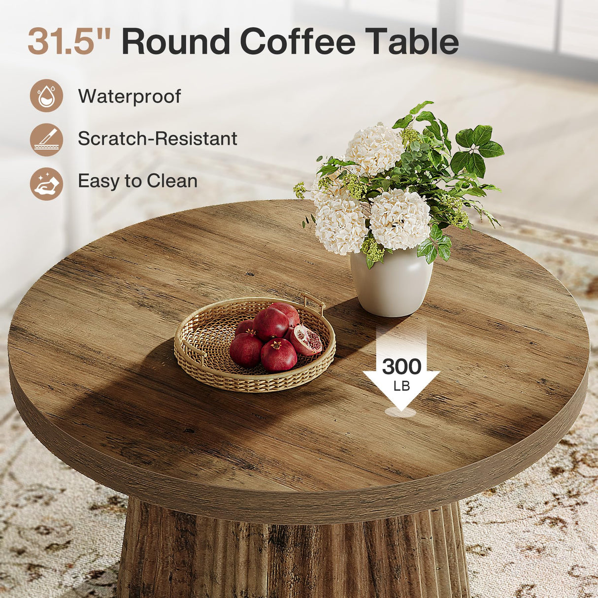 Tribesigns Coffee Table, 31.5" Small Farmhouse Round Coffee Tables with Fluted Drum Base, Mid Century Modern Boho Accent Center Table for Living Room, Apartment, Small Space, Brown Tribesigns