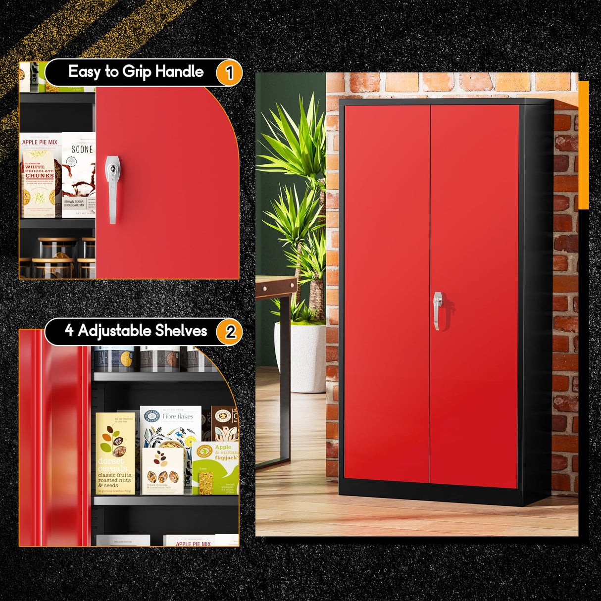 Greenvelly Metal Garage Storage Cabinet with Doors and Adjustable Shelves,72" Black Red Locking Steel Garage Cabinet,Storage Cabinet with Lock, Metal Tool Cabinets for Garage,Home Office,School Greenvelly