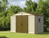 Duramax Woodbridge Plus 10.5 x 8 (8.02 m2) Plastic Garden Shed with 1 Fixed Window & Metal Foundation Kit, Strong Metal Roof Structure Fire Retardant and Maintenance-Free Storage Shed - Ivory/Brown DURAMAX