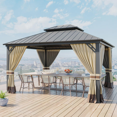 Kurapika 12' x 14' Hardtop Gazebo, Outdoor Metal Gazebo with Galvanized Steel Double Roof Canopy, Curtain and Netting, Aluminum Permanent Pavilion Gazebo for Patio, Backyard, Lawn, Sand Kurapika