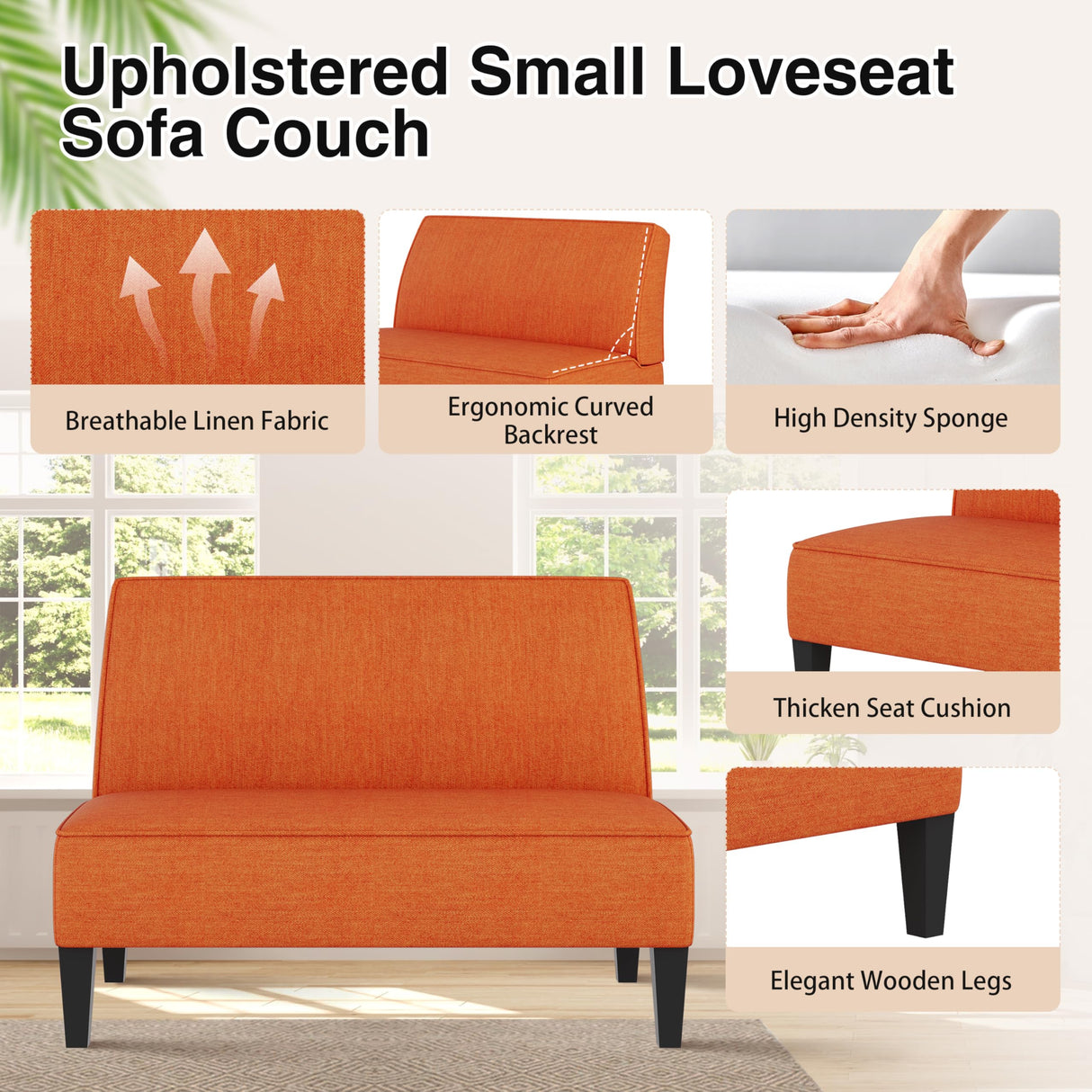 Changjie Furniture Small Loveseat Sofa Upholstered Mini Couch for Small Spaces 2-Seater Sofa Couch with Wooden Legs for Bedroom Living Room (Orange) Changjie Furniture