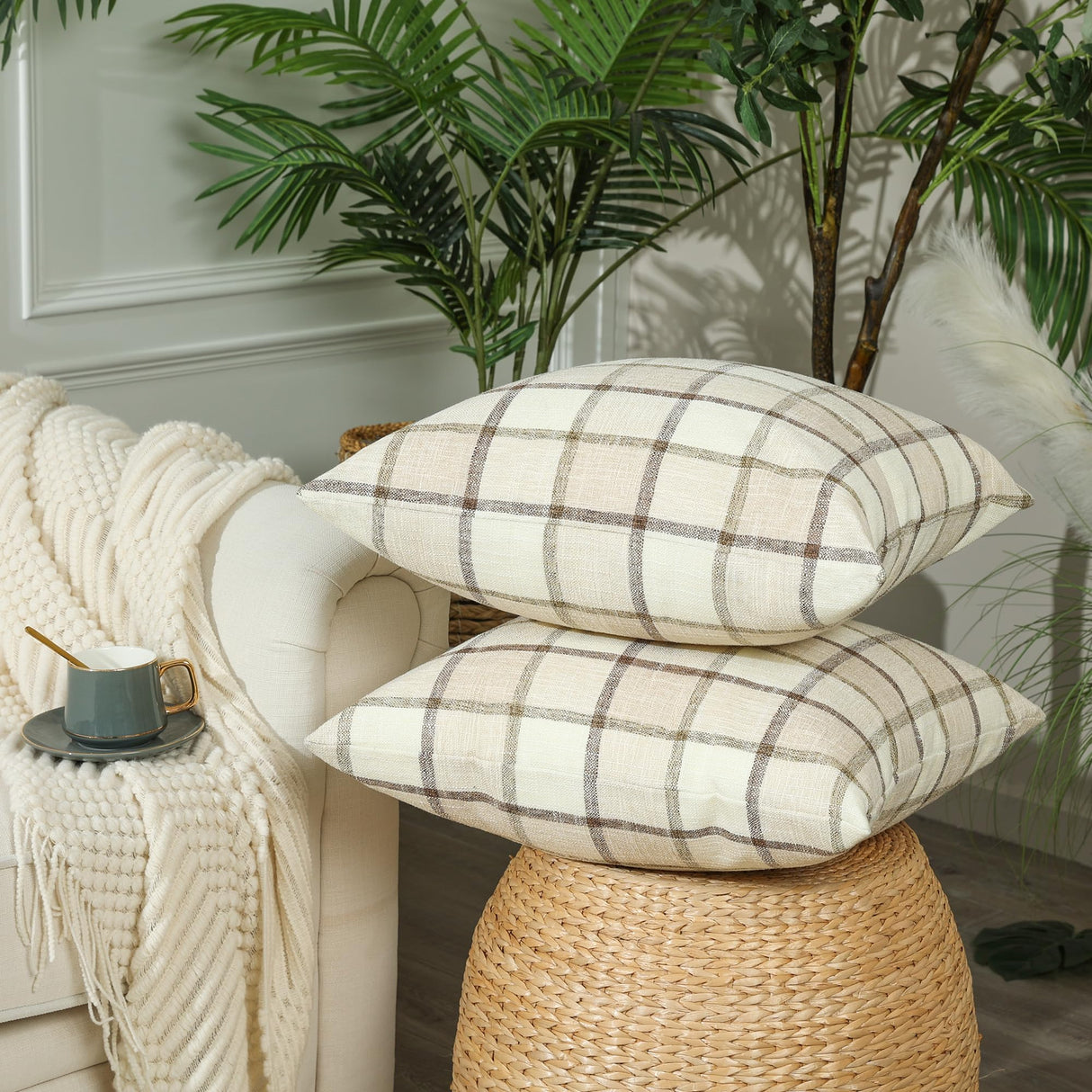 Stellhome Fall Linen Buffalo Check Throw Pillow Covers, Autumn Farmhouse Plaid Decorative Cushion Covers for Couch Sofa Living Room, Pack of 2, 18x18 Inch, Beige Stellhome