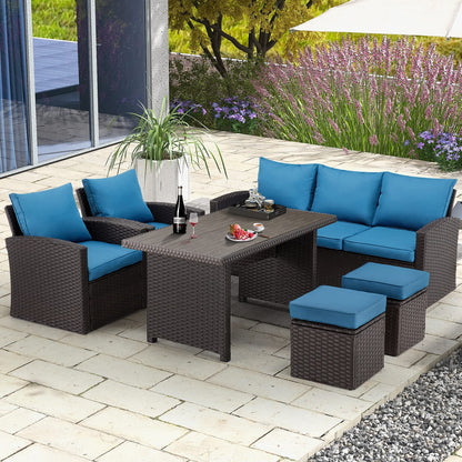 HOMREST 6 Pieces Patio Furniture Sets Clearance, Patio Dining Sofa Set Outdoor Sectional Sofa Conversation Set All Weather Wicker Rattan Couch Dining Table & Chair (Blue) - WoodArtSupply