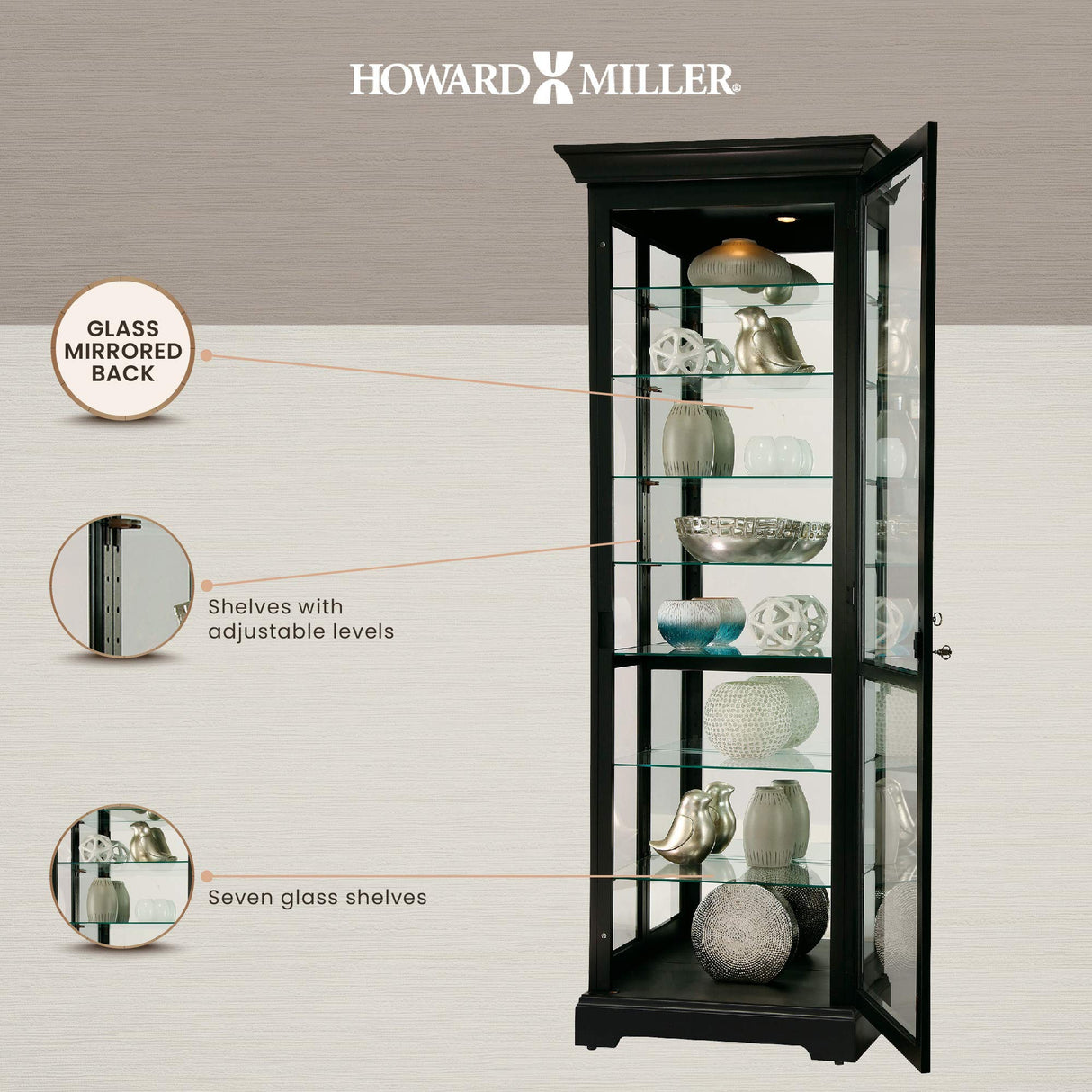 Howard Miller Chesterbrook III Curio Cabinet 680-660 – Black Satin Finish Home Decor, Seven Glass Shelves, Eight Level Display Case, Locking Door, No Reach Light Howard Miller