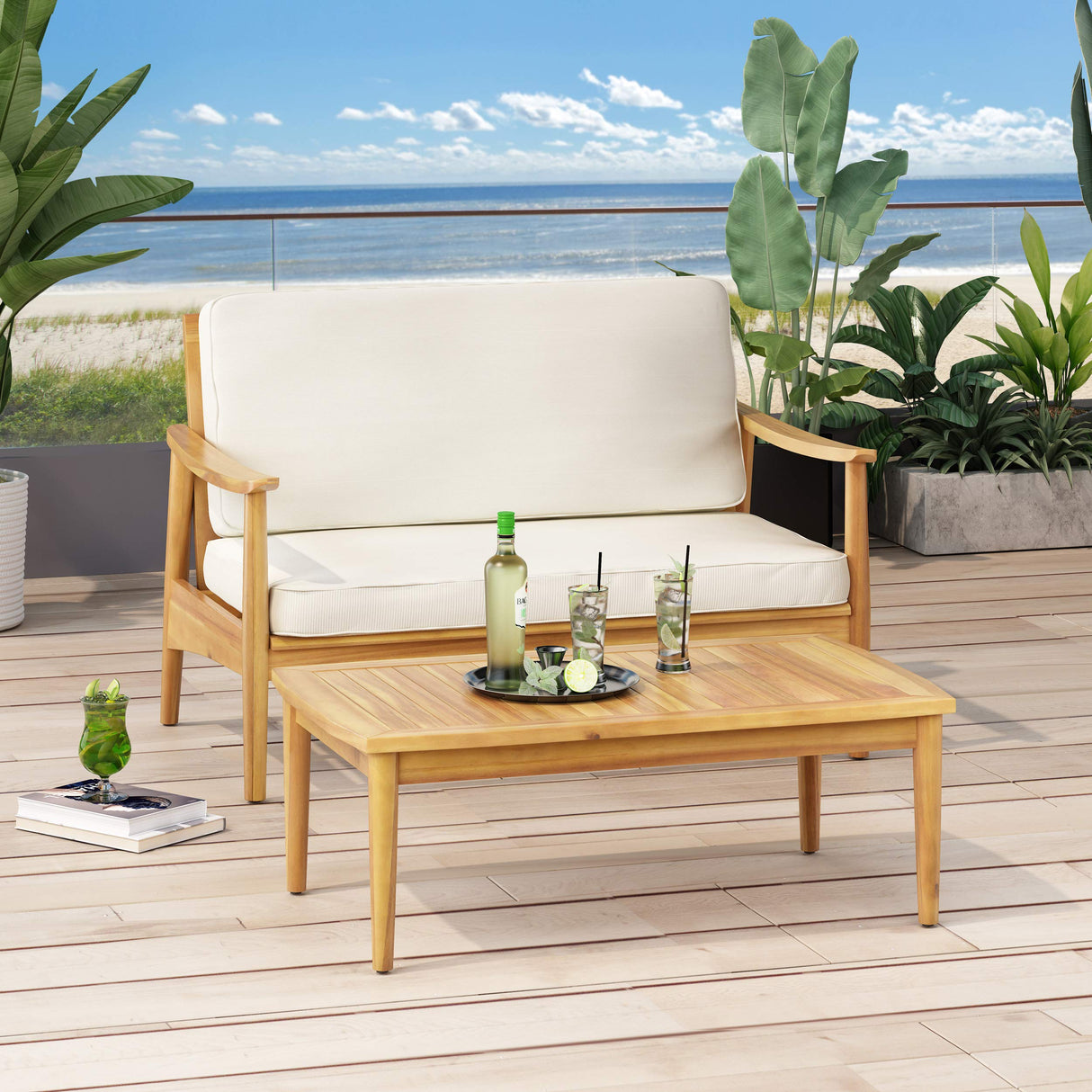 Christopher Knight Home Felix Outdoor Acacia Wood Loveseat Set with Coffee Table, Teak Finish, Beige Christopher Knight Home