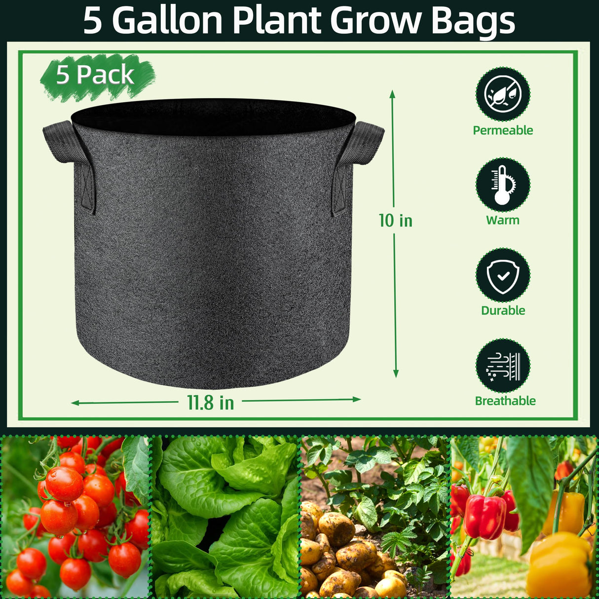 lucdnc 5 Pcs Grow Bags 5 Gallon Plant Grow Bags Multi-Purpose Nonwoven Fabric Pots with Durable Handles,Outdoor Garden Plant Pots for Vegetables Fruits Flowers Herb Succulent Bonsai Plants lucdnc
