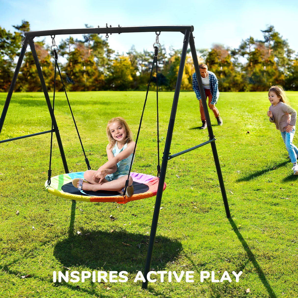 Trekassy 440lbs Swing Sets for Backyard, Concrete Patio, Heavy Duty A-Frame Metal Swing Stand with 40" Saucer Tree Swing, Sandbag for Outdoor, Playground, Park, No Anchors Needed Trekassy