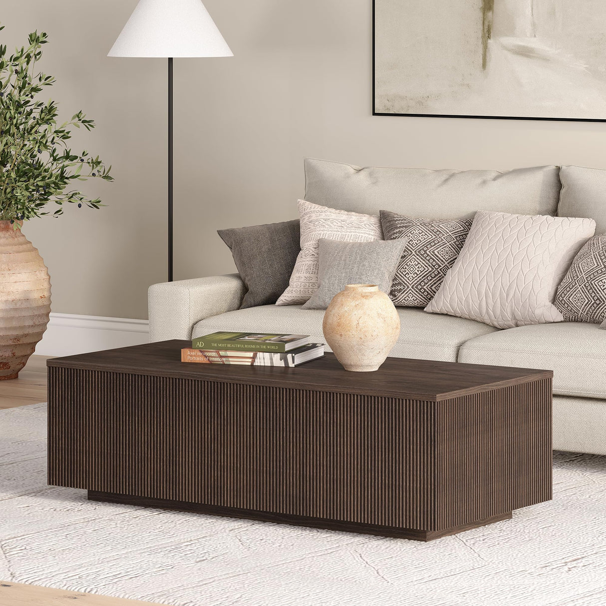Henn&Hart 48" Fluted Rectangular Low-Profile Coffee Table for Living Room, Family Room, or Office, Alder Brown Henn&Hart