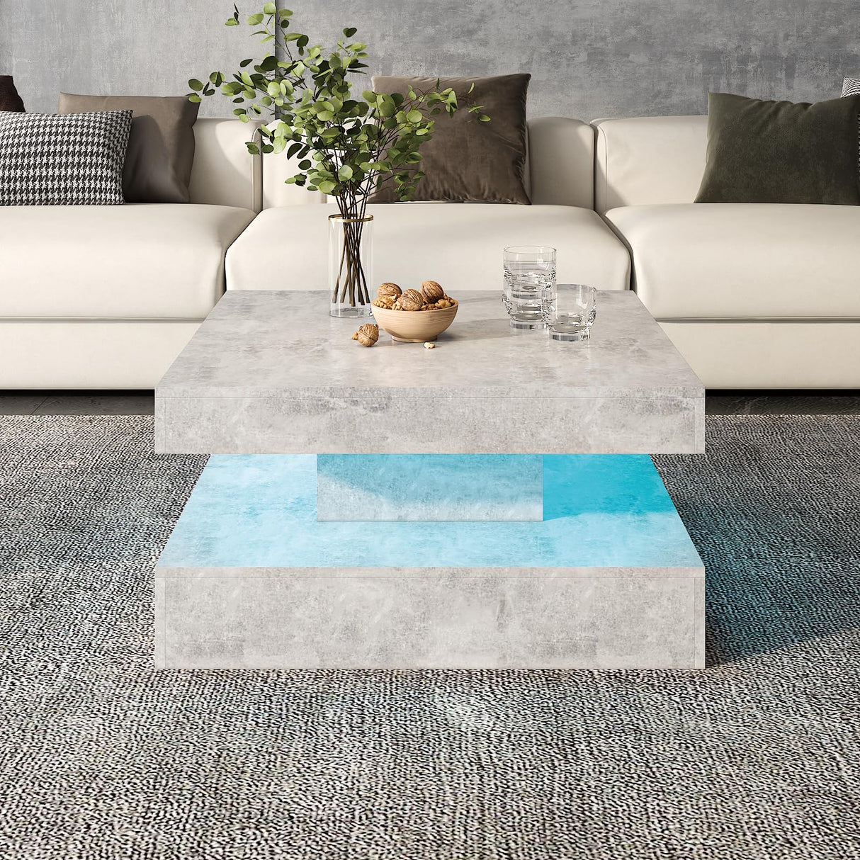 HedoAjim Grey LED Coffee Table for Living Room, Living Room Table 2-Tier Square Middle Center Table, Modern Coffee Tables with Storage, Contemporary Wood Tea Tables for Dining Reception HedoAjim