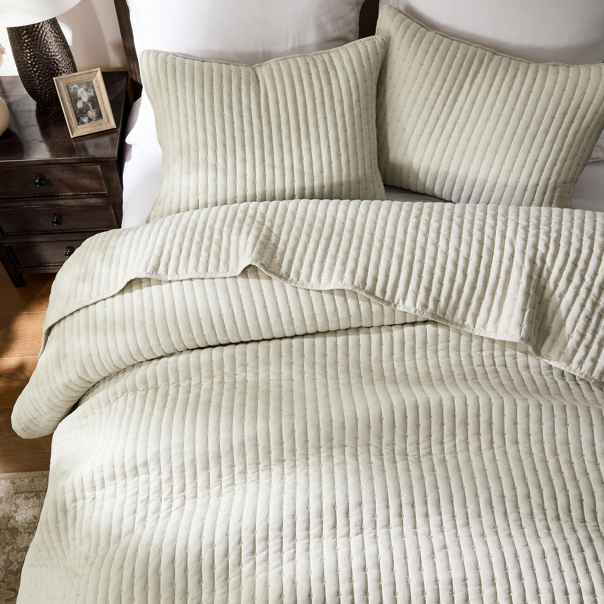 WDCOZY Beige Cross Stitch Queen Size Quilt Set, Netural Striped Lightweight Soft Bedspread, Channel Farmhouse Rustic Coverlet, All Season Country Bedding, Thin Comforter WDCOZY