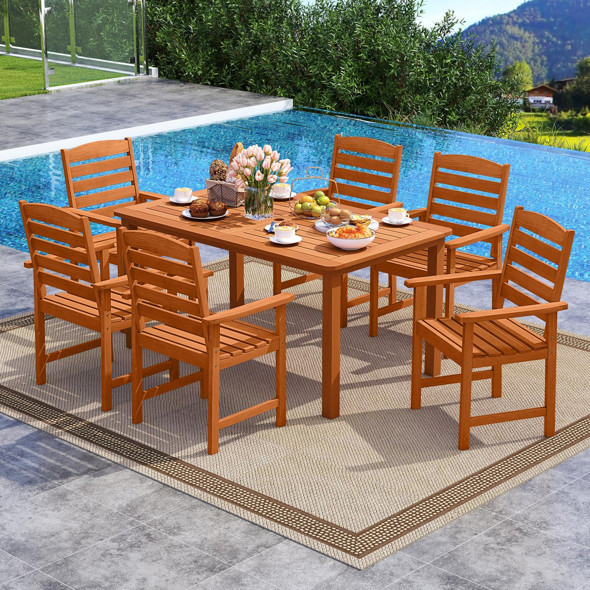 Tangkula 7 Pieces Outdoor Dining Set for 6, Patio Solid Wood Slatted Rectangular Dinner Table and Armchairs Set w/Umbrella Hole, Teak Oil Finish, for Lawn, Deck, Yard, Porch and Poolside Tangkula