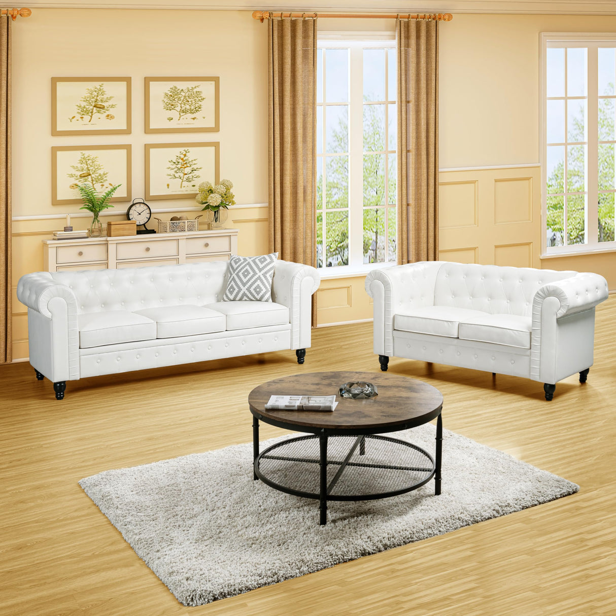 Naomi Home Chesterfield Sofa Set Loveseat & Sofa Living Room Chair Juegos Modern Leather Couch Sofa Chair for Bedroom Tufted Leather Sofa Chair for Living Room Love Seats Furniture Set - Off White Naomi Home