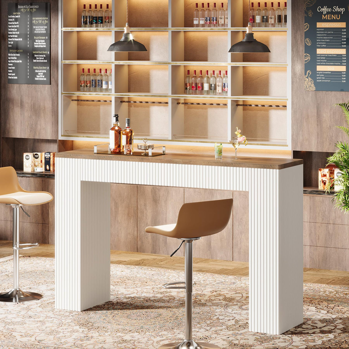 Tribesigns Bar Table, Narrow Bar Height Table with Long Wooden Tabletop, 63" Modern Tall Kitchen Bar Table with White Wave Legs for Pub, Dining Room, Balcony, Rustic Brown & White Tribesigns