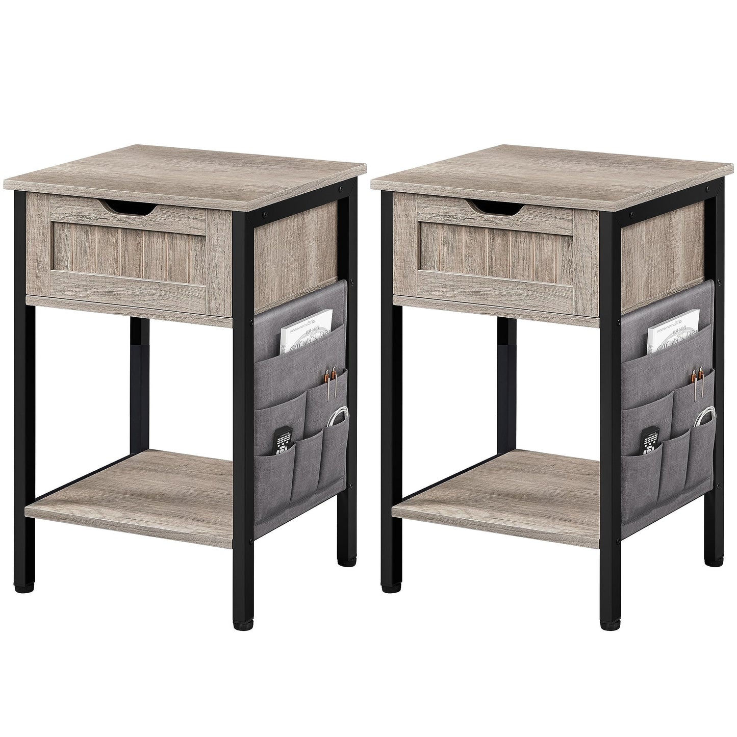 Yaheetech Nightstand Set of 2, Bedside Table with Drawer & Storage Shelf, Wood Side Table Night Stand with Removable Fabric Bag for Bedroom/Living Room, Gray - WoodArtSupply