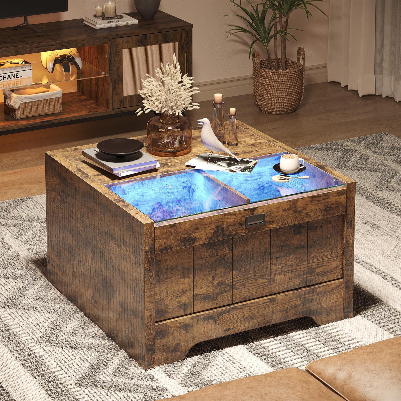 Bestier 31.5 inch Farmhouse Coffee Table with Storage, LED Square Coffee Table, Wood Center Table with Hidden Storage for Living Room, Side Opening Cocktail Table for Home Office, Rustic Brow - WoodArtSupply