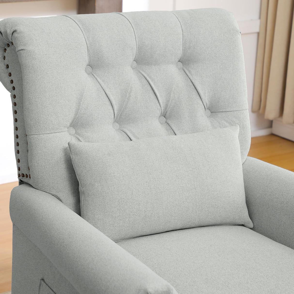 choairy Pushback Recliner Chair, Accent Push Back Chair with Adjustable Footrest Wingback, Upholstered Linen Fabric Reclining Sofa with Side Pocket, Comfy Modern Armchair for Living Room, Light Grey choairy