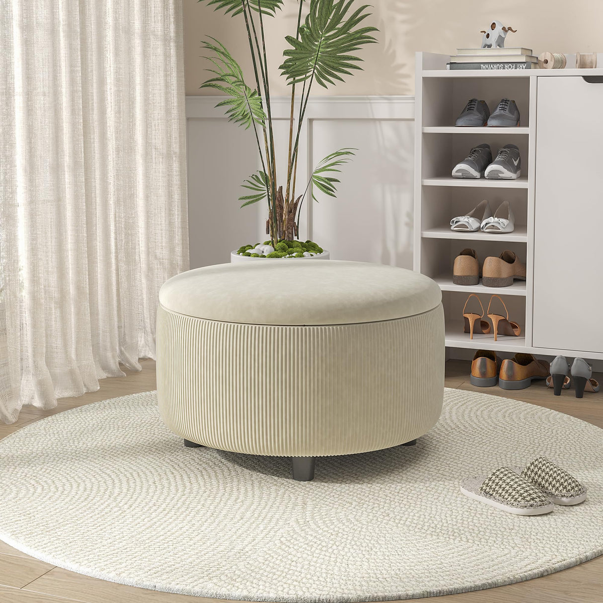 Vabches 30inch Round Storage Ottoman with Hidden Storage, Modern Ottoman Coffee Table with Removable Wood Top, Upholstered Foot Stool for Living Room, Sofa Side, Bedroom, Office (Beige, 30" W) Vabches