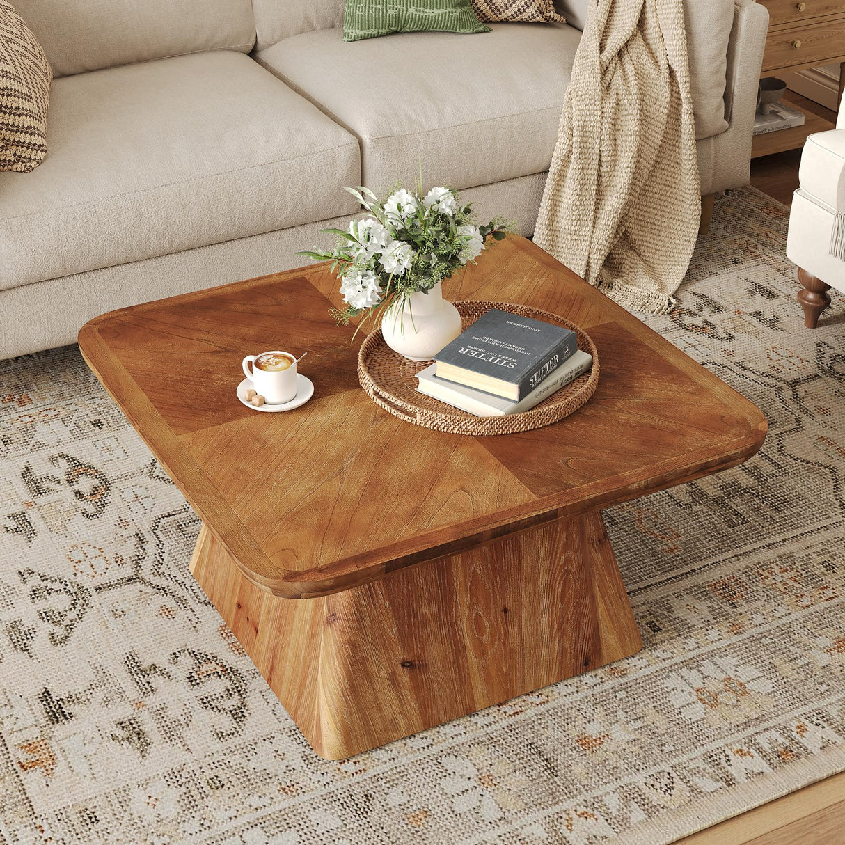 LITTLE TREE Vintage Solid Wood Coffee Table, 31.5" Square Coffee Table for Living Room, Classic Living Room Center Tables, Brown Modern Design Home Furniture LITTLE TREE
