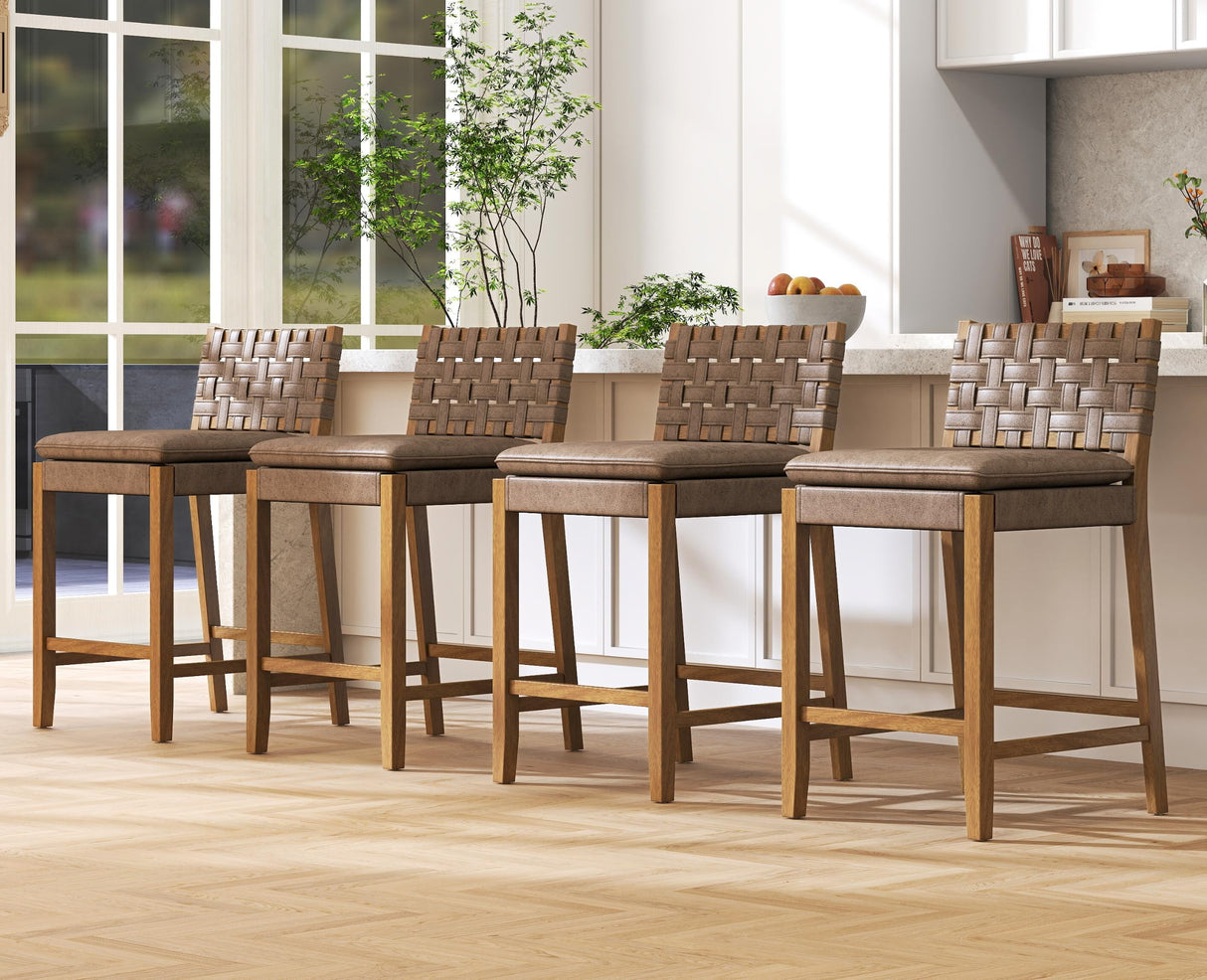 EALSON Mid Century Rattan Bar Stools Set of 4 Modern Farmhouse Barstools with Leather Woven Backs 26 Inch Wooden Counter Stool Breakfast Upholstered Bar Chairs for Kitchen Island, Brown EALSON