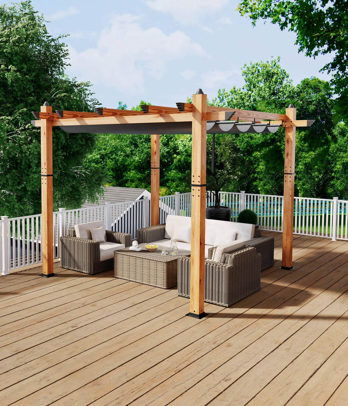 GarveeLife 10 x 10 Ft Wood-Grain Aluminum Pergola Outdoor Pergola with Retractable Canopy Sun Shade Shelter for Garden, Patio, Backyard, Deck - Gray GarveeLife