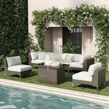 LayinSun 7-Piece Outdoor Modular Wicker Sectional Sofa with Fire Pit Table, Patio Furniture Conversation Set with Deep Seating and Thick Cushions LayinSun