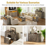 MDGC 3 in 1 Vanity Desk with Mirror and Lights, Farmhouse Dressing Table with Charging Station, Compact Makeup Vanity Table with 3 Drawers, Adjustable Shelves & Hidden Storage Stool (Rustic Brown) MDGC