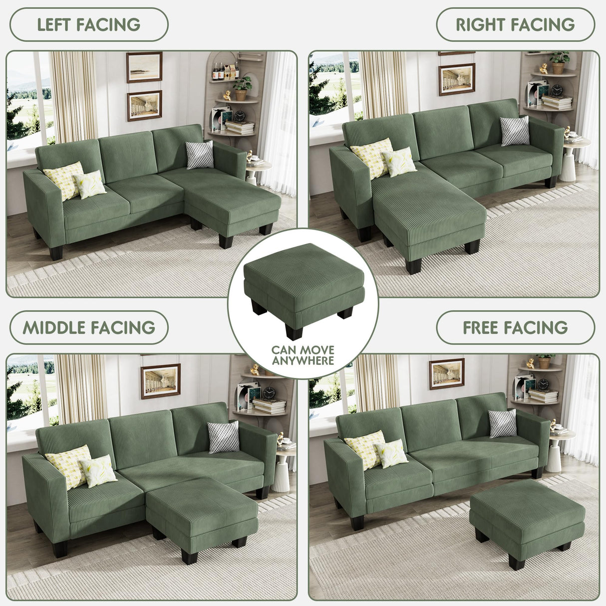 YESHOMY L-Shaped Convertible Sectional Sofa 3 Seater with Corduroy Fabric, Complete with Mobile Footrest, for Living Room, Apartment and Office, 70", Green YESHOMY