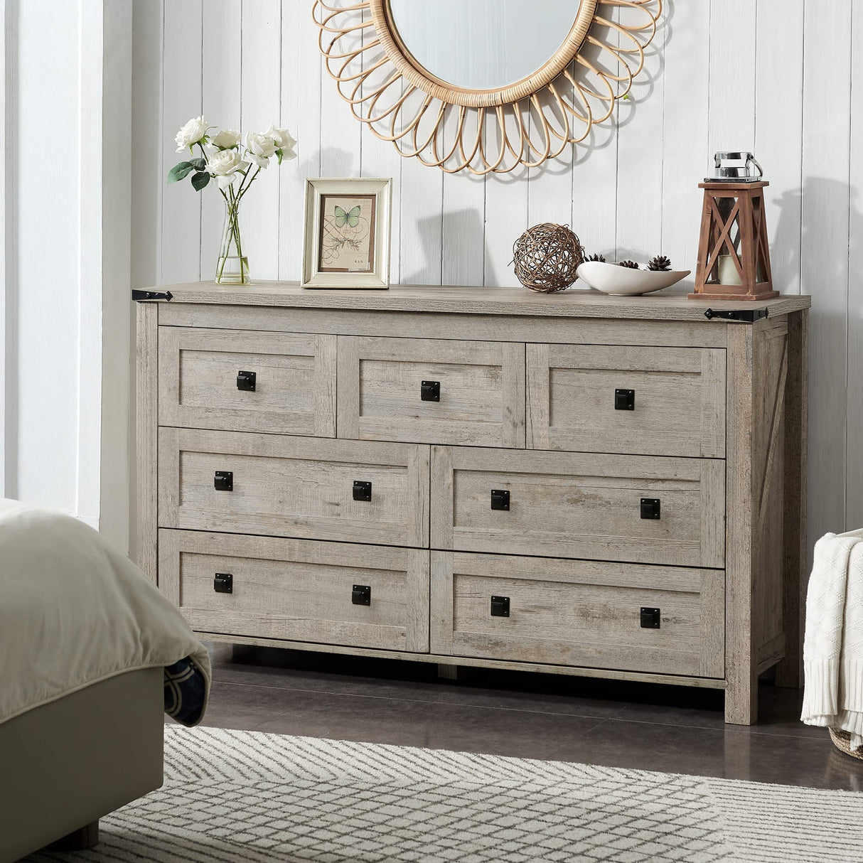 T4TREAM Farmhouse 7 Drawers Tv Stand, Wood Rustic , Storage Dressers Organizer for Bedroom, Living Room,Hallway, Light Rustic Oak T4TREAM