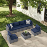 XTWEEX 7-Piece Outdoor Sectional Sofa Set, Wicker Patio Furniture with Navy Blue Cushions for Your Villa, Balcony, Porch, Backyard, Gray Rattan XTWEEX