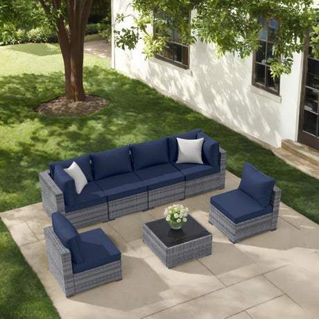 XTWEEX 7-Piece Outdoor Sectional Sofa Set, Wicker Patio Furniture with Navy Blue Cushions for Your Villa, Balcony, Porch, Backyard, Gray Rattan XTWEEX