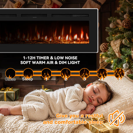50 inch Electric Fireplace in-Wall Recessed and Wall Mounted with Remote Control, 1500/750W Fireplace Heater (60-99°F Thermostat) with 12 Adjustable Color, Timer, Log and Crystal Manastin