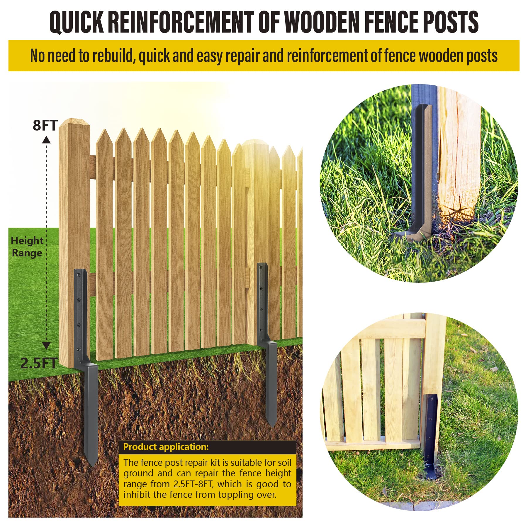 Epcee Heavy Duty Steel Fence Post Repair Stakes, Anchor Ground Spike, for Repair Tilted/Broken Wood Fence Post (1 Pack/Black） - WoodArtSupply