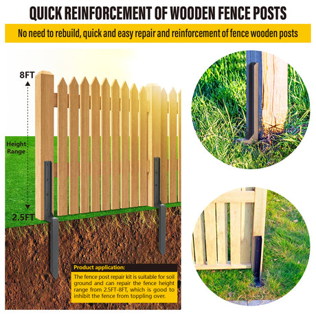 Epcee Heavy Duty Steel Fence Post Repair Stakes, Fence Post Anchor Ground Spike, for Repair Tilted/Broken Wood Fence Post (4 Pack/Black） Epcee