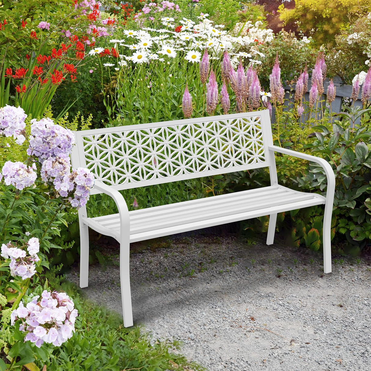 VINGLI 50" Outdoor Bench Metal with Floral Back, Garden Bench Front Porch Bench for Yard Patio Entryway Park Outside, 800lb Capacity - White VINGLI