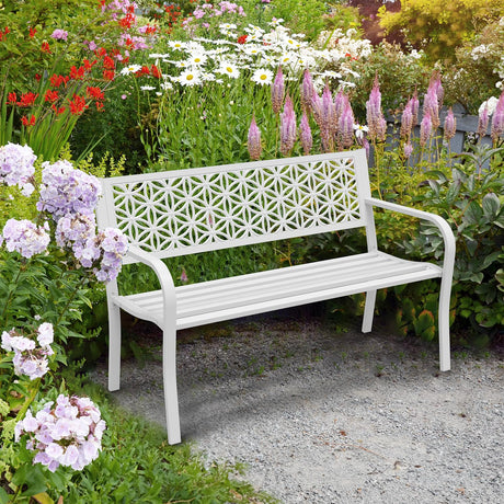 VINGLI 50" Outdoor Bench Metal with Floral Back, Garden Bench Front Porch Bench for Yard Patio Entryway Park Outside, 800lb Capacity - White VINGLI