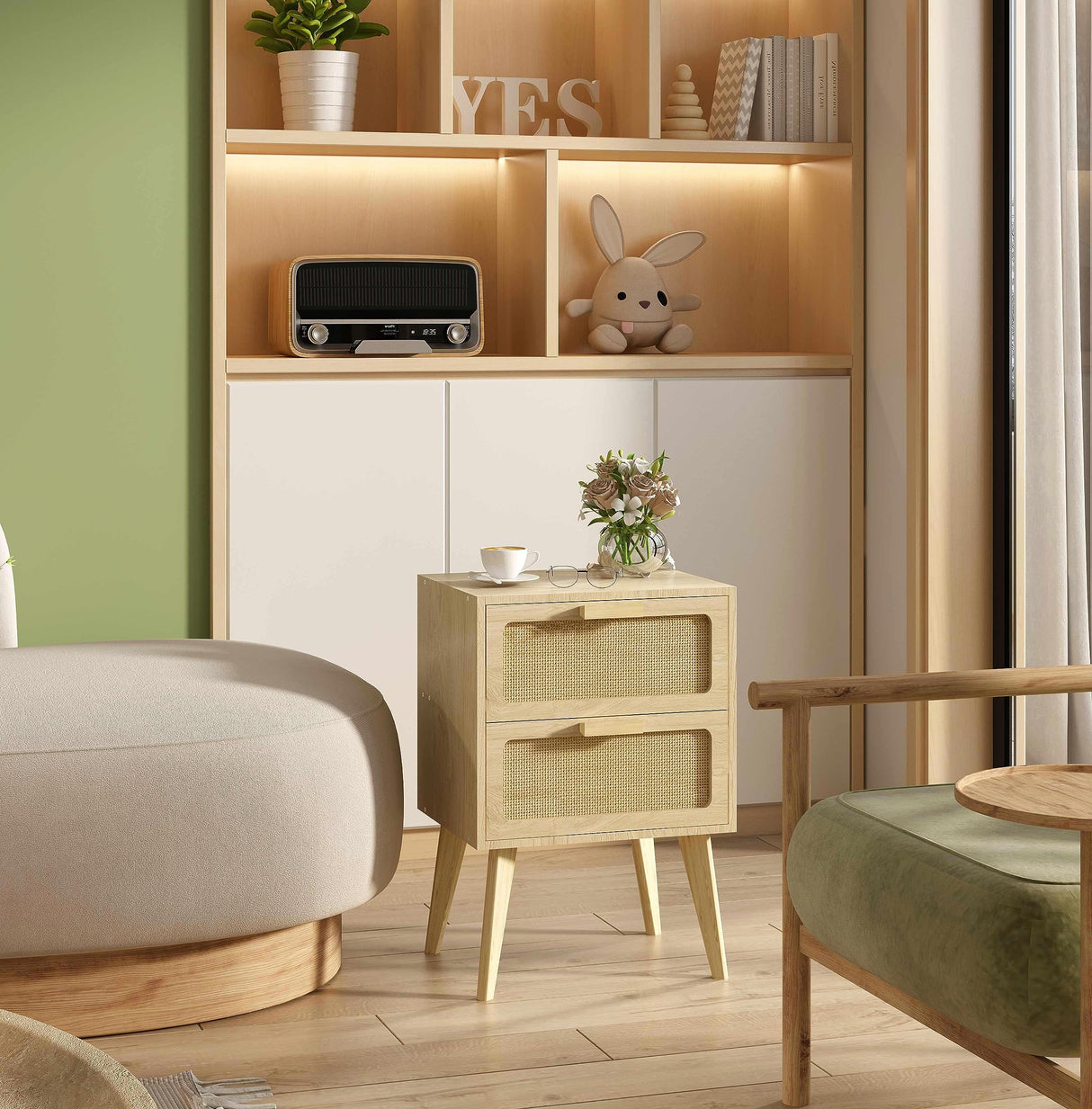 YAUKOMEL Rattan Nightstand, Small End Table, Side Table with Hand Made Rattan Decorated Drawers,Boho Bedside Table,Wood Accent Table with Storage for Small Space,Livingroom, Bedroom, Natural CTG59Y YAUKOMEL