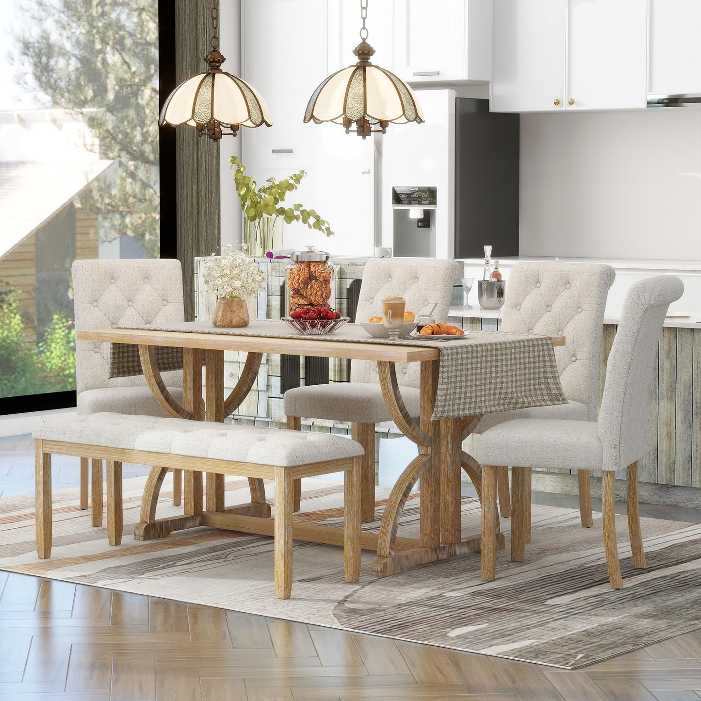 Merax 6 Pieces Wood Dining Table Set with Bench, Retro Rectangular Table with Unique Legs and 4 Upholstered Chairs & 1 Bench for Dining Room and Kitchen (Natural Wood Wash+Beige)