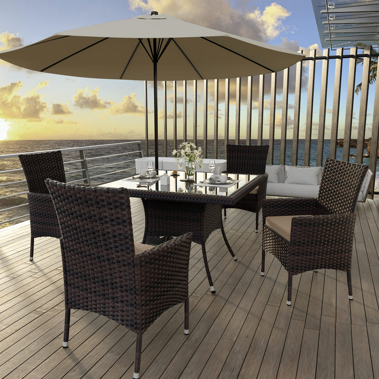 ALAULM 5 Piece Patio Dining Set All-Weather Wicker Outdoor Patio Furniture Set w/Tempered Glass Tabletop, Removable Cushions and Umbrella Hole for Patio, Backyard, Garden, Poolside (Brown) ALAULM