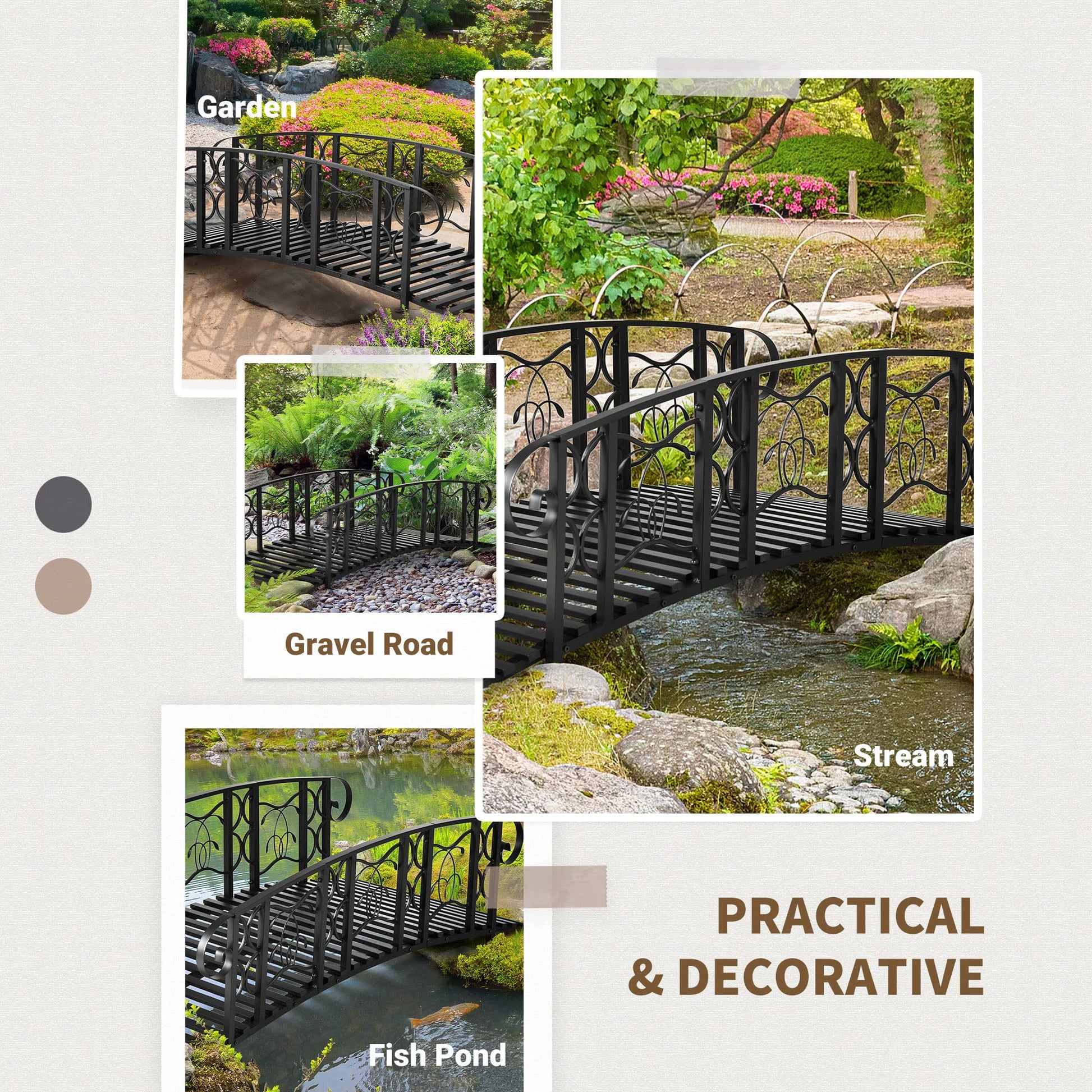 Outsunny 6' Metal Arch Backyard Garden Bridge with 660 lbs. Weight Capacity, Safety Siderails, Vine Motifs, & Easy Assembly for Backyard Creek, Stream, Pond, Black - WoodArtSupply