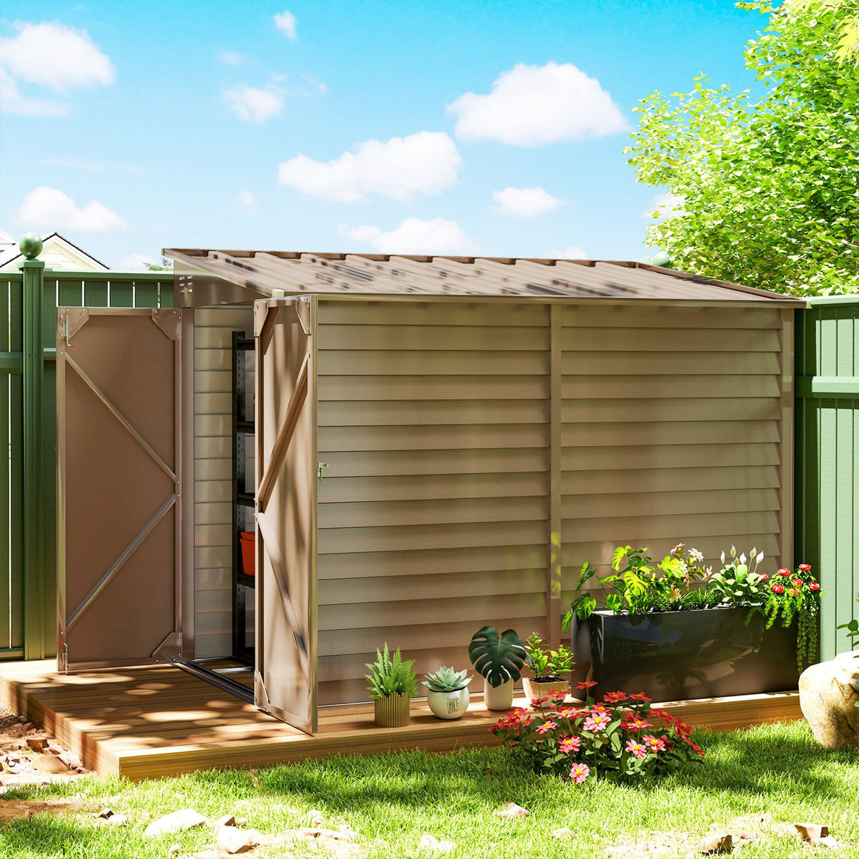 Outsunny 4.6' x 9' Steel Outdoor Storage Shed, Lean to Shed, Metal Tool House with Foundation Kit, Lockable Doors, Gloves and 2 Air Vents for Backyard, Patio, Lawn, Brown Outsunny