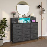 Welfuturer Black Dresser with Charging Station and LED Lights 13 Drawers Dressers for Bedroom Long Dressers & Chests of Drawers for Living Room Hallway Entryway Closets Sturdy Frame Wood Top Welfuturer