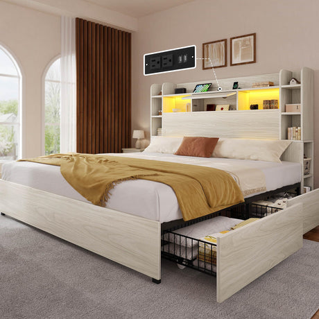 YITAHOME King Bed Frame with Bookcase Headboard and 4 Storage Drawers, RGB LED Light Bed with Type-C & USB Charging Station Storage Headboard Bed Frame, No Box Spring Needed, Noise Free, Antique White YITAHOME