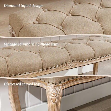 Cozyman Bedroom Bench, French Vintage Tufted Entryway Bench, 45.2" Carving Upholstered End of Bed Bench with Distressed Wood Legs, Linen Ottoman Seat for Living Room, Foyer, Dining Room, Wheat Cozyman